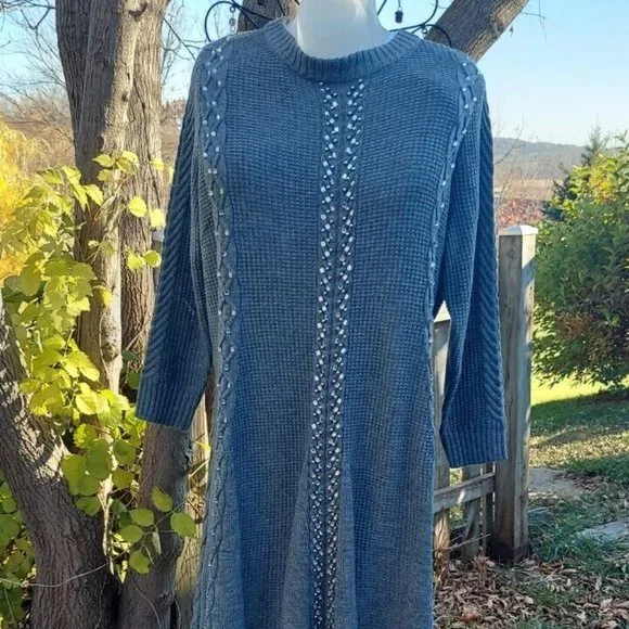 Roaman's Long Knit Midi Sweater Dress - Plus Size 2X (26/28) - Embellished - Picture 2 of 9